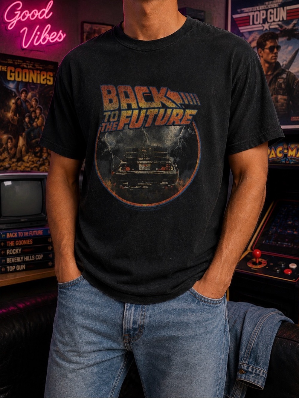 Back to the Future DeLorean Graphic T-Shirt Men’s Black Retro 80s Movie Tee